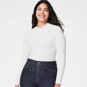 SPANX Fit-To-You Long Sleeve Mockneck Top Off White Smoothing Womens Medium